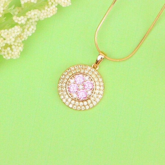 "Round Pink & Yellow CZ Pendant in Gold Finish – Elegant Floral Look, XPPT1858 - Picture 3 of 13